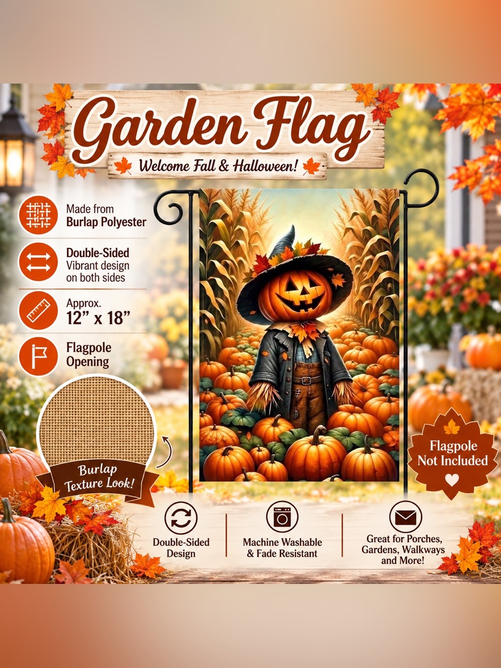 Garden Flag, Halloween Pumpkin Scarecrow, Burlap polyester, double-sided, 12”x18